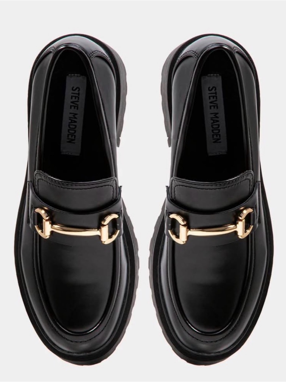 Steve Madden Black Leather Loafers with Gold Buckles